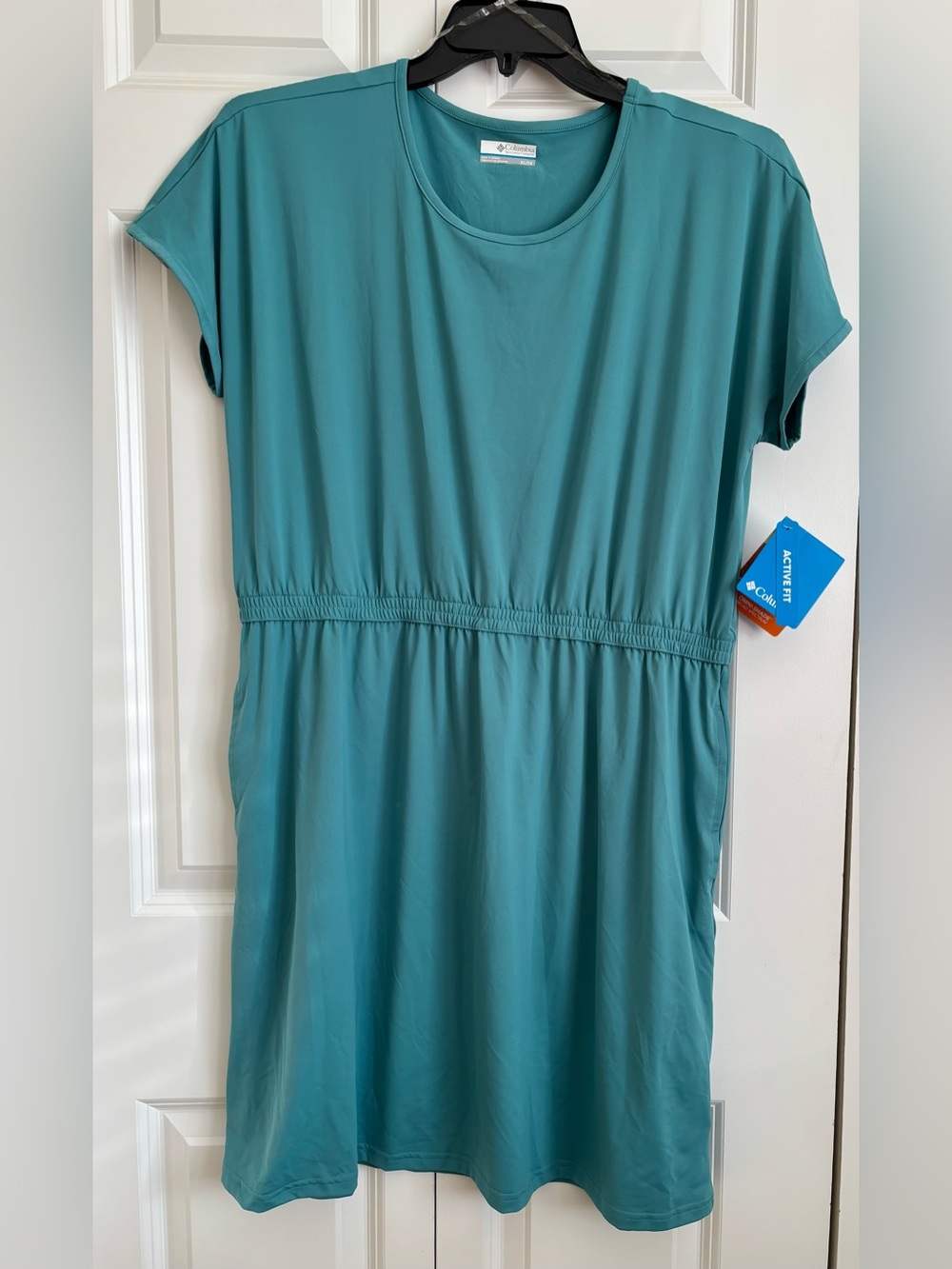 Columbia Teal Short-Sleeve Elastic-Waist Midi Dress